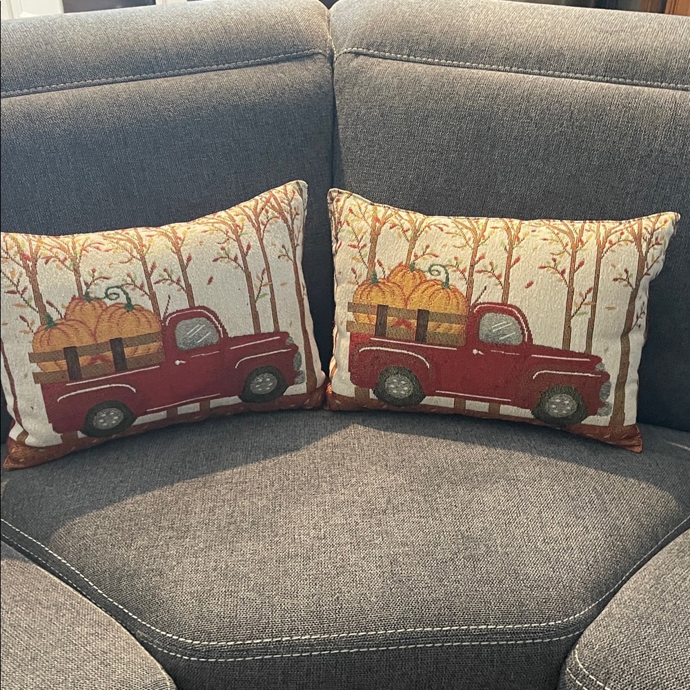 Autumn Truck Throw Pillow Set - Red and Brown